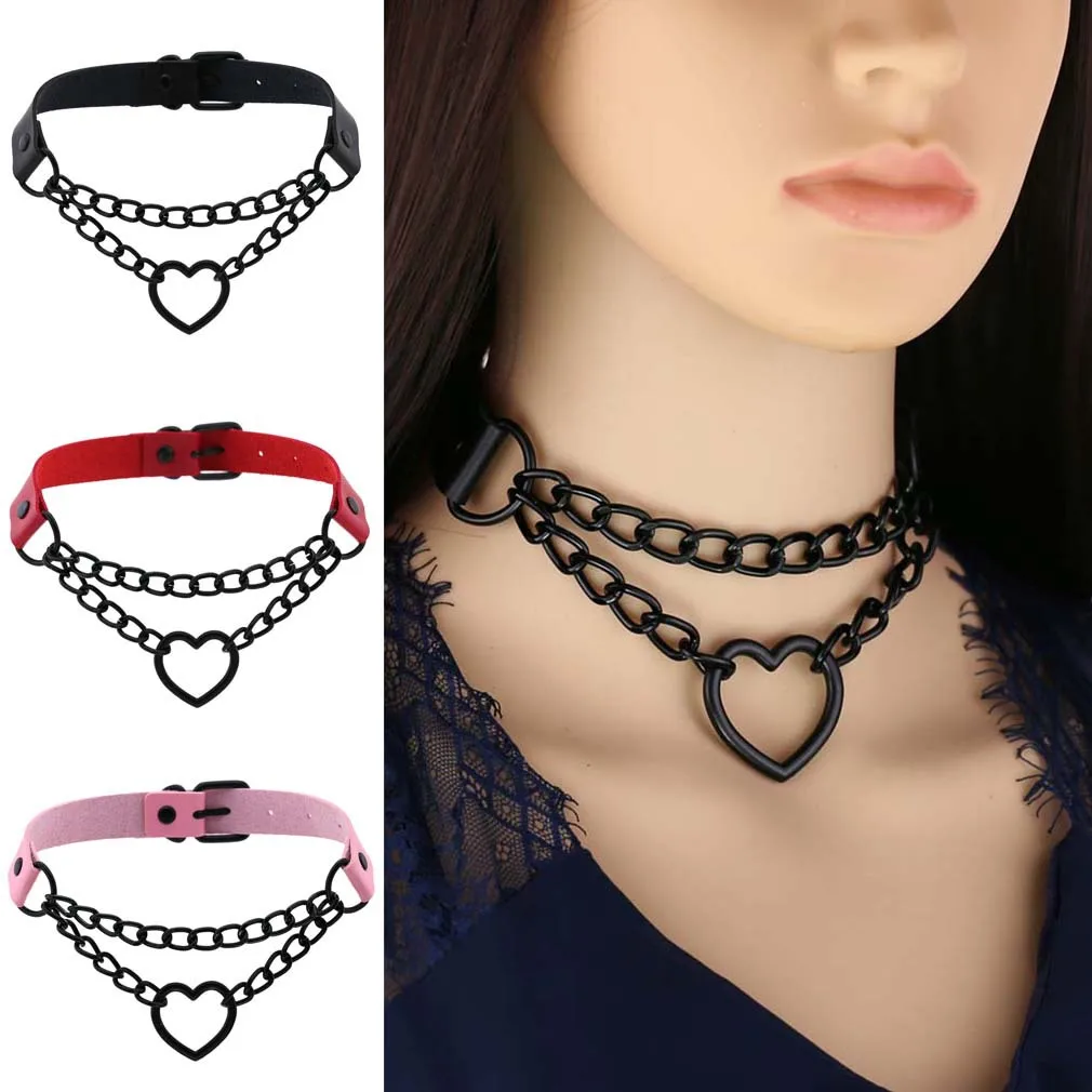 Jeu de rôle Vintage coeur collier ras du cou avec chaîne Goth collier pour filles Grunge Punk mignon Kawaii Egirl cosplay Chocker Harajuku