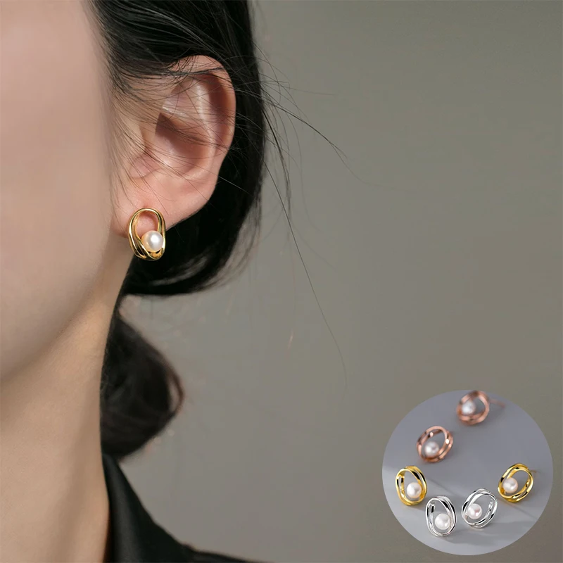 

100% 925 Sterling Silver Pearl Geometric Earrings for Women Girl Simple Round Hollow Out Design Jewelry Party Gift Dropshipping