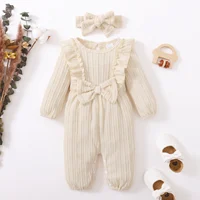 New Long Sleeve Rompers Baby Girls Spring & Autumn Jumpsuit Newborn Clothes Solid Ruffled Clothing with Headband Baby Clothing 3