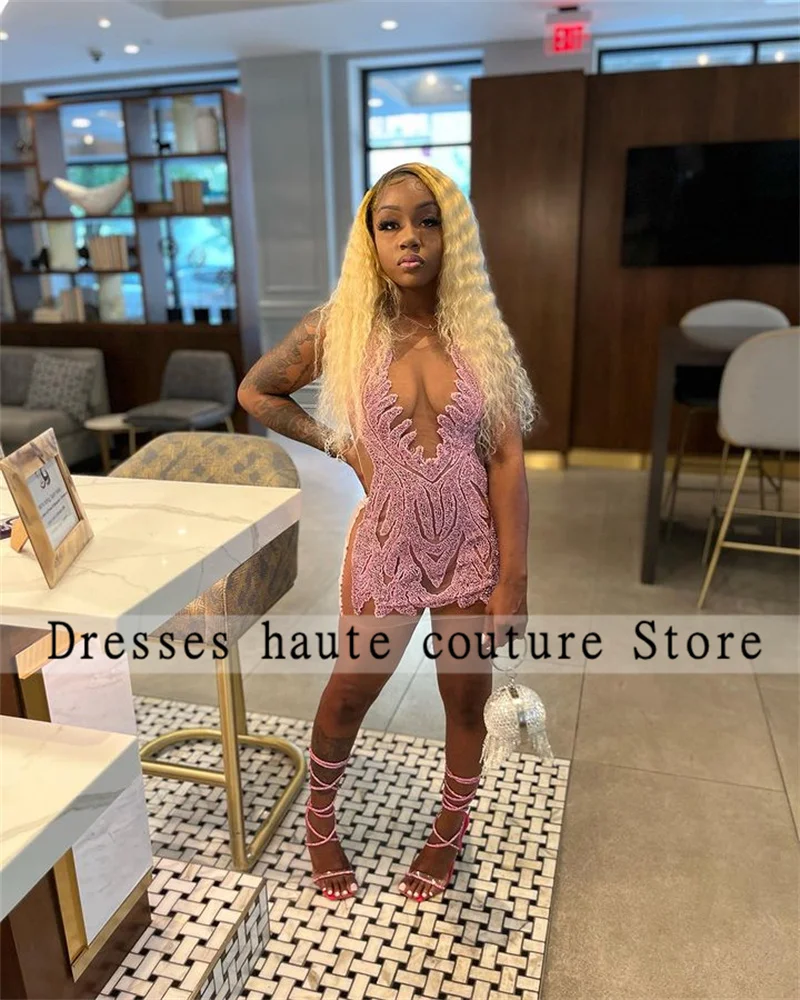 Luxury Pink Women Cocktail Dresses Sheer Mesh Beads African Girl Short Prom Dresses For Birthday Party Gowns