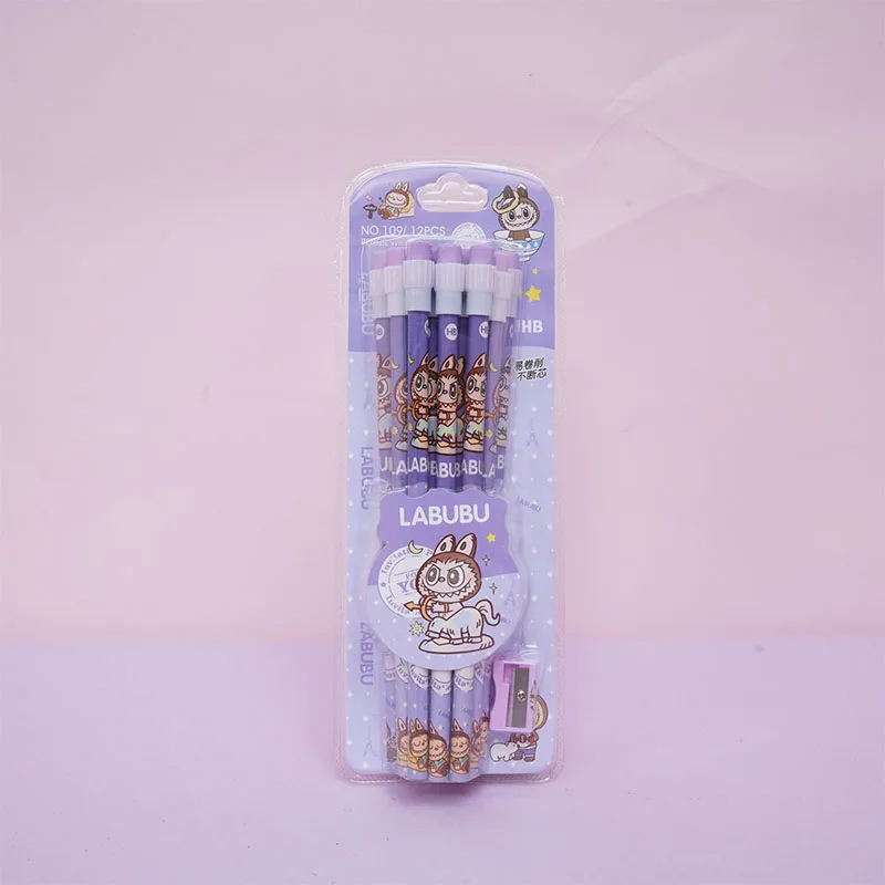 Labubu Anime Erasable Pencil Set – 12pcs Student Stationery with 0.5mm Refill & Break-Resistant Lead, Perfect Gift 5