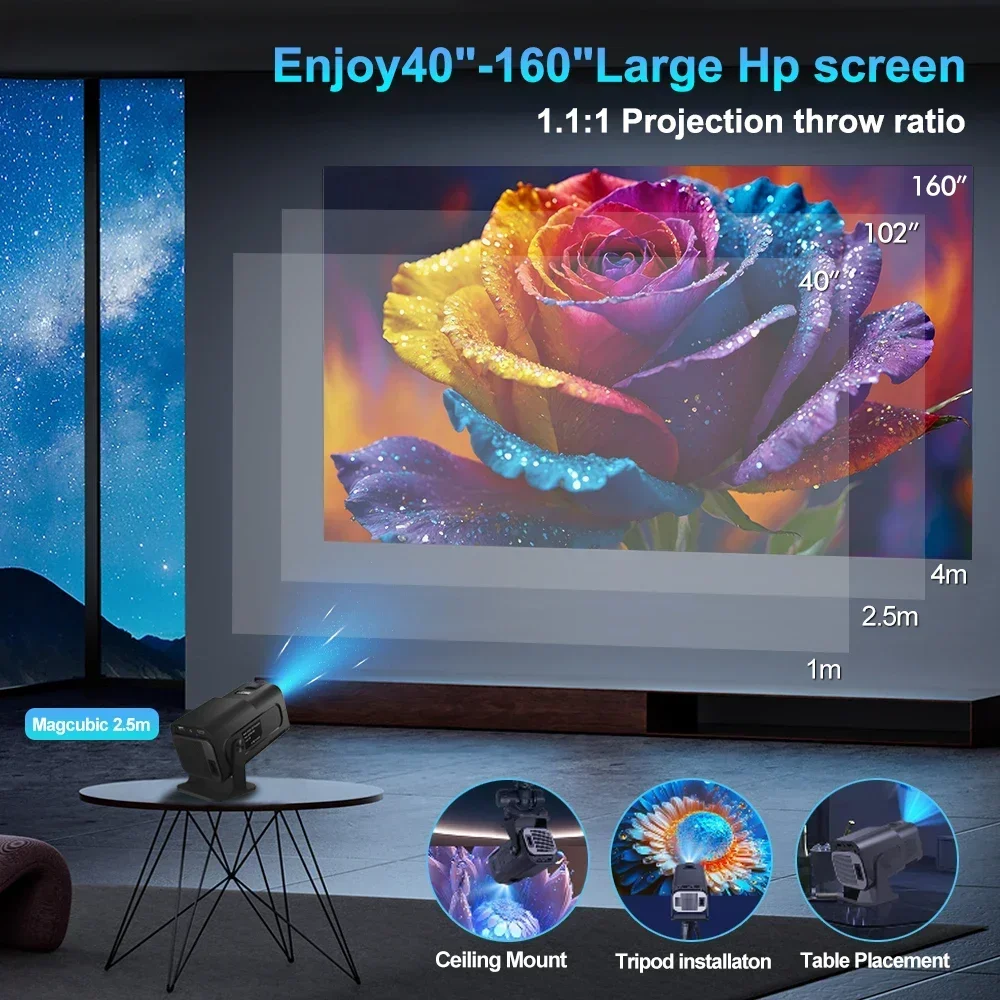 Projetor HY320 Android 11 WiFi 6 BT 5.0 390ANSI Allwinner H713 1080P 4K Suporte para casa ao ar livre Mini port&aacute;til laser projector
