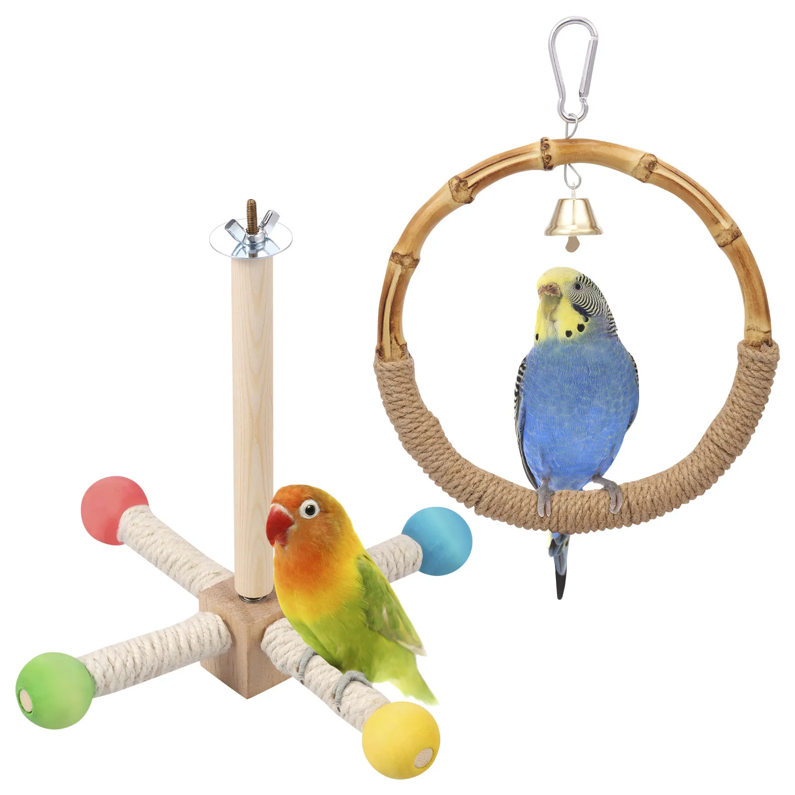 Wood Bird Perch Toy Set Bird Cage Bell Hanging Rotating Swing Standing Colorful Parrots Funny Toys Birdcage Accessoriess