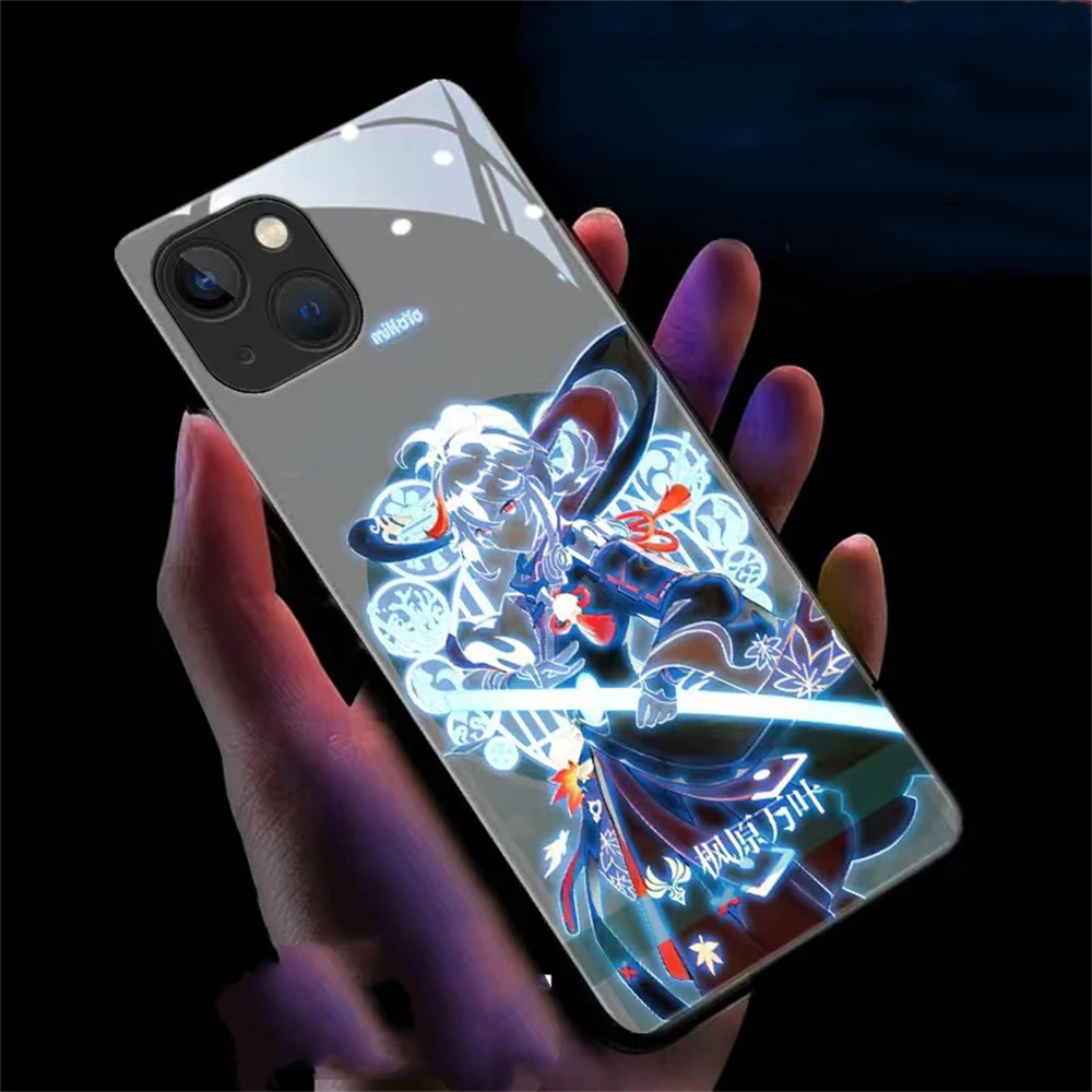 For iPhone 15 14 13 12 11 Pro Max XR XS Mini SE2020 6 7 8 Plus Luminous LED Flash Light Up Phone Case Back Cover Genshin Impact