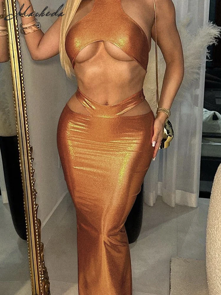 

Macheda Sexy Halter Crop Top + Hollow Out Long Skirt Matching Suit Women Summer Party Night Club Evening Two Piece Skirt Set