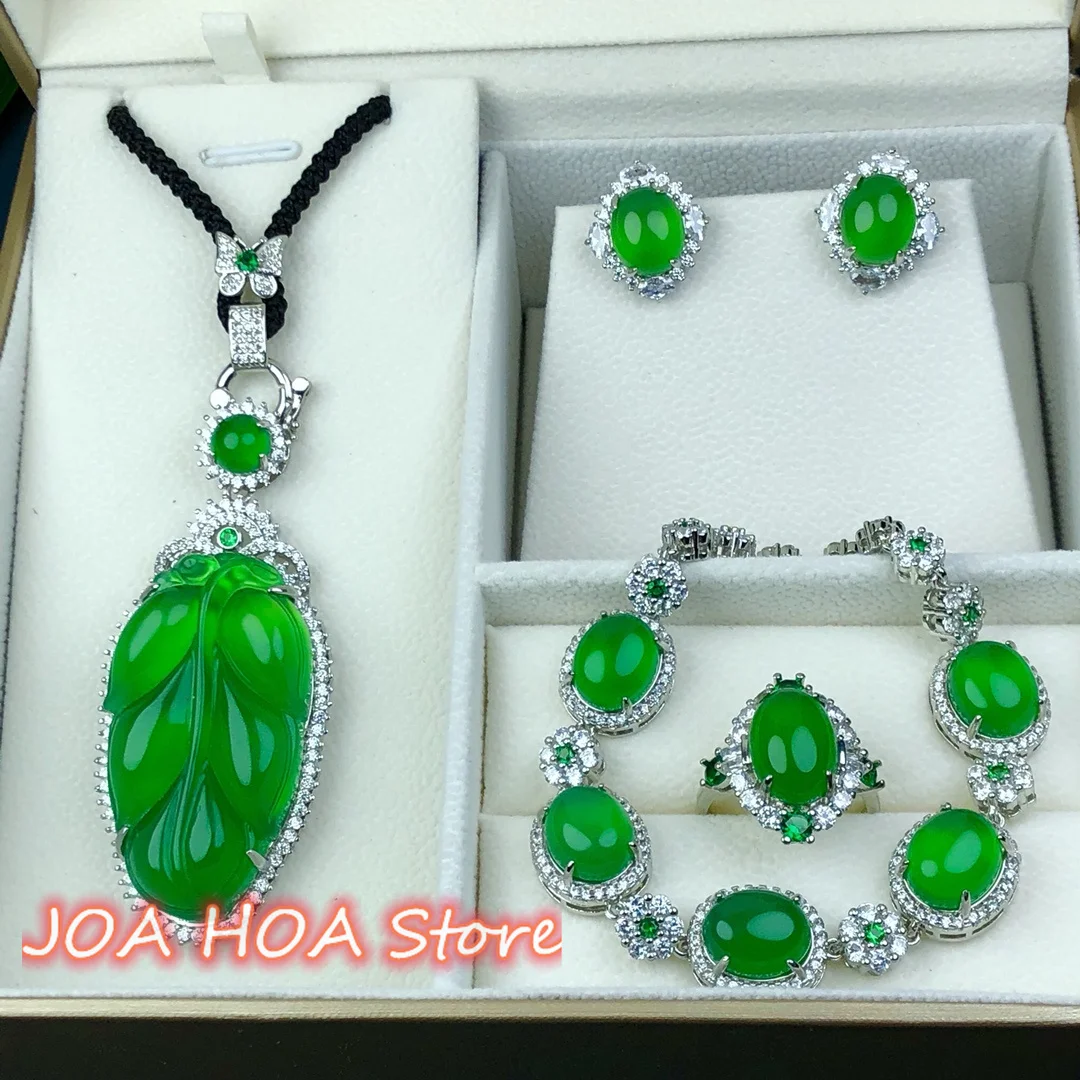 

925 Sterling Silver Inlaid Natural Chalcedony Agate Jade Bangle Fine Leaf Pendant Ring Earring Chain Necklace Braelet Jewelry