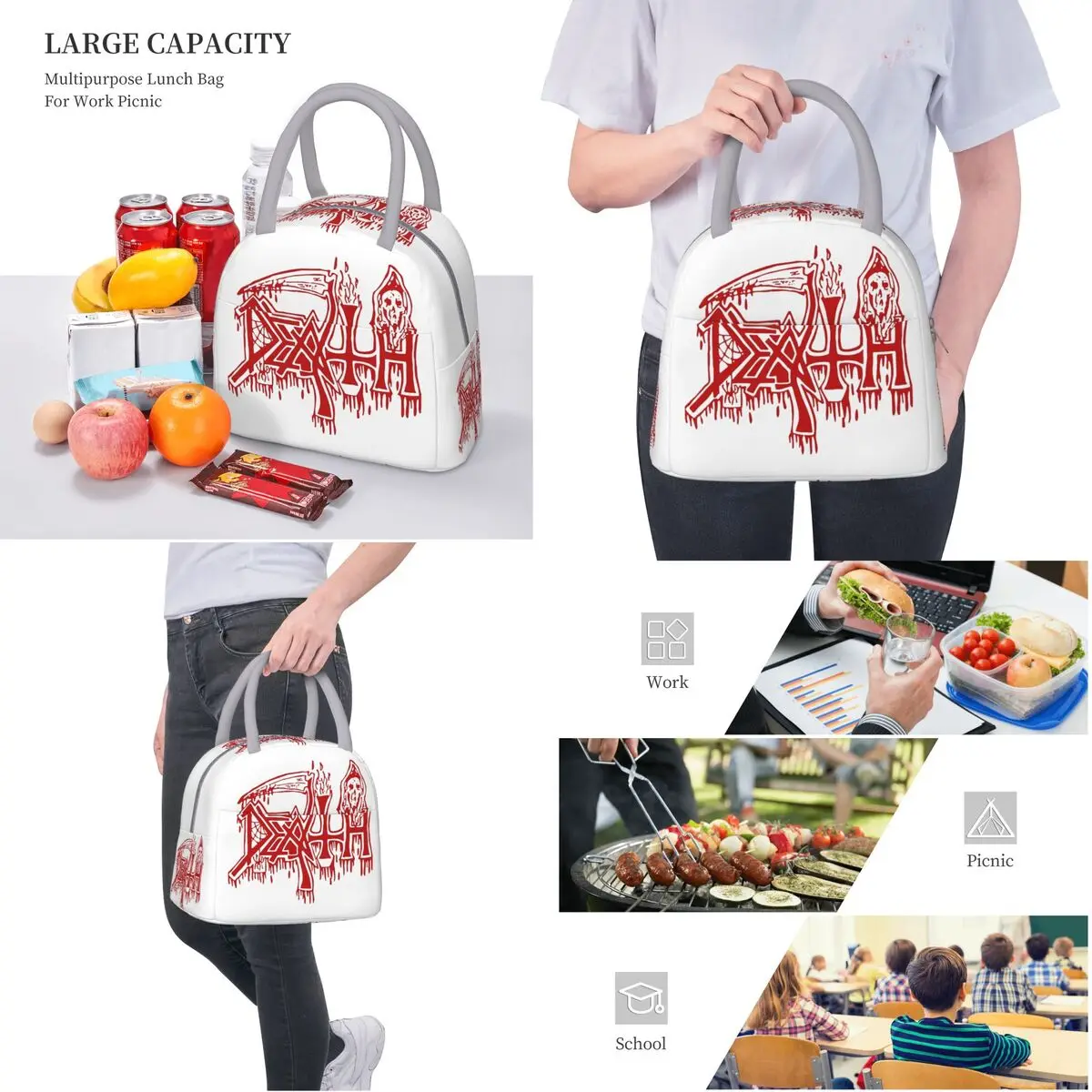 Death Band Rock Band Metal Music Thermal Insulated Lunch Bag for Office Reusable Food Container Bags Thermal Cooler Lunch Boxes