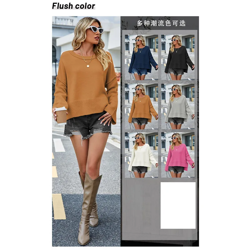 

Женский свитер на осень-зиму 2023, Модный повседневный джемпер, Женский Однотонный пуловер с круглым вырезом, свитеры, Свободная трикотажная женская одежда