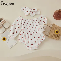 Tregren Infant Baby Girls Valentine's Day Romper Heart Print Long Sleeve Boat Neck Jumpsuits Spring Fall Bodysuits with Headband