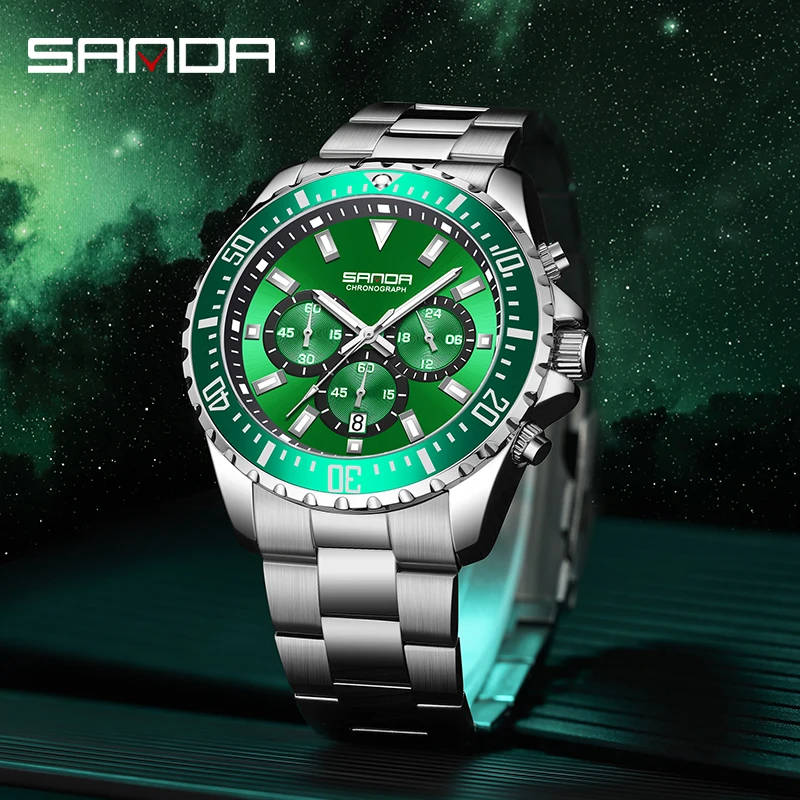 SANDA Luxury Steel Band Calendar Men's Quartz Watch Simple Three Eyes Six Needle Green Water Ghost Fluorescent Men's Watch 5306