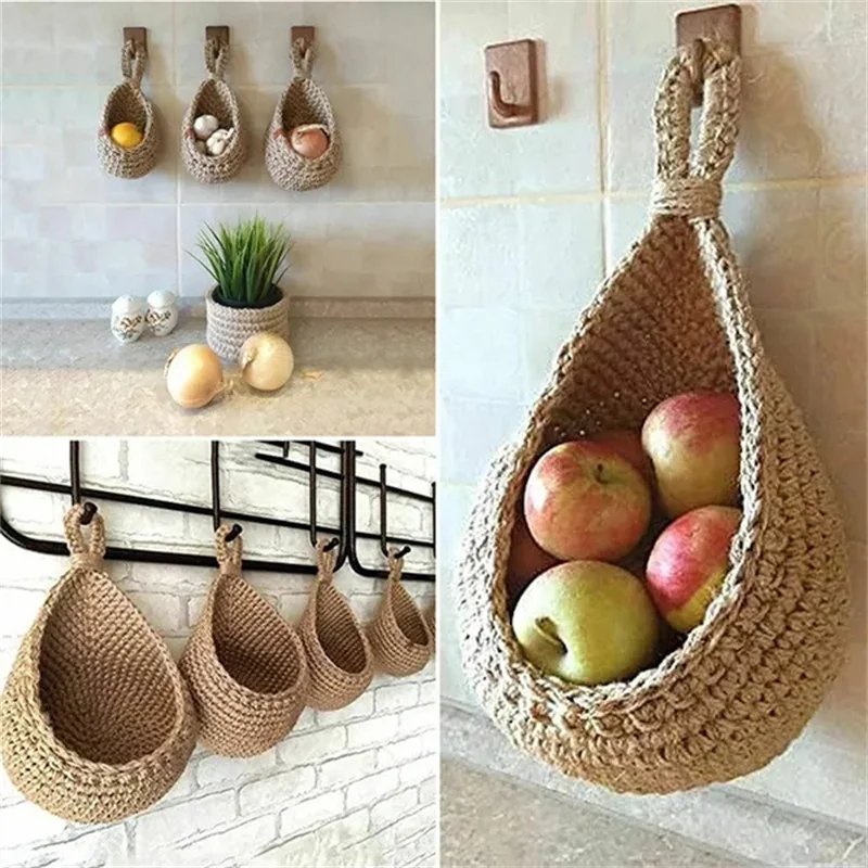  Cesta colgante de pared para frutas y verduras, canasta colgante  de yute ecológico en forma de lágrima, soporte de jardín de cocina, maceta  de flores, contenedor organizador (E-25 x 18) 