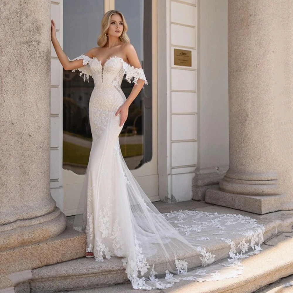 LoveDress Sweetheart Mermaid Wedding Dress Off Shoulder Lace Appliques Modern Spandex Bride Gown Backless Train Robe de mariée