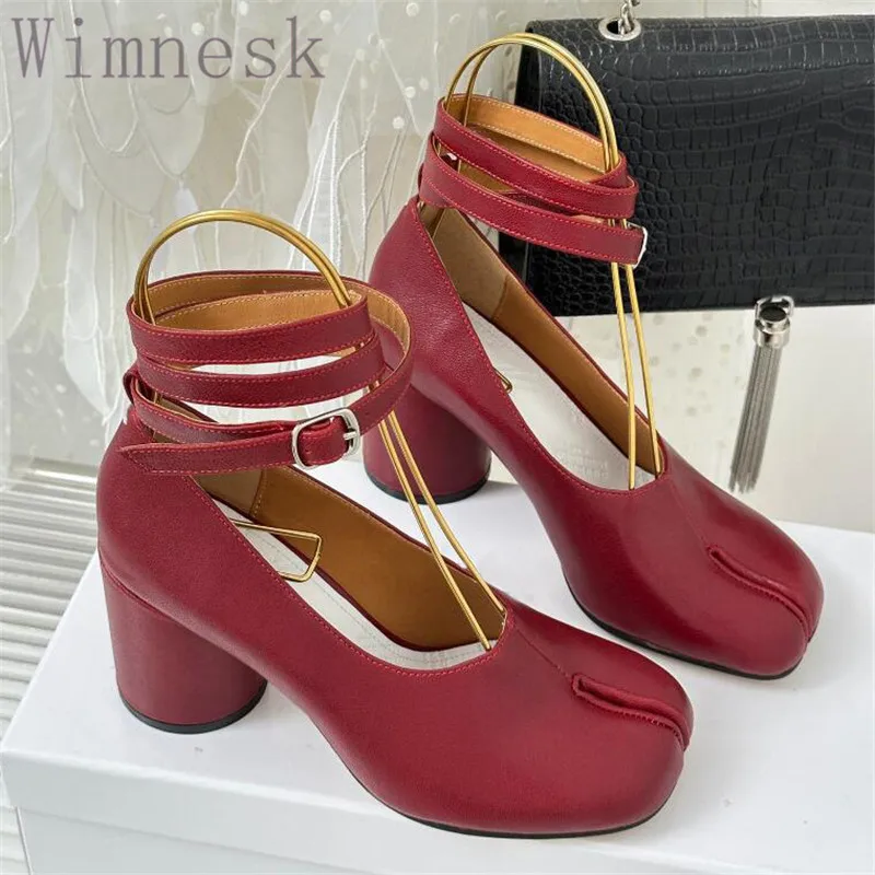 

Autumn New Split Toe Genuine Leather Ankle Strappy Mary Janes Round Heel High Heel Shoes Fashion Single Dress Pumps Women 2023