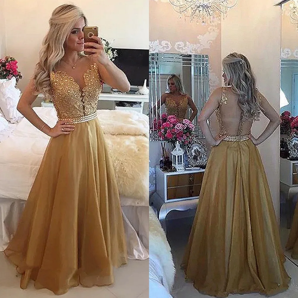 Champagne Beaded Lace Applique Prom Dress V-Neck Sexy Backless Special Occasion Gown Floor Long Summer Elegance Chiffon women party dresses
