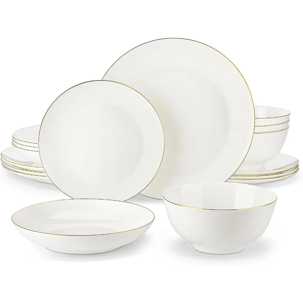 

16 Piece Fine Bone China Dinnerware Set With Gold Rim Full Dish Dining Set Utensils for Kitchen Cutlery Complete Tableware New