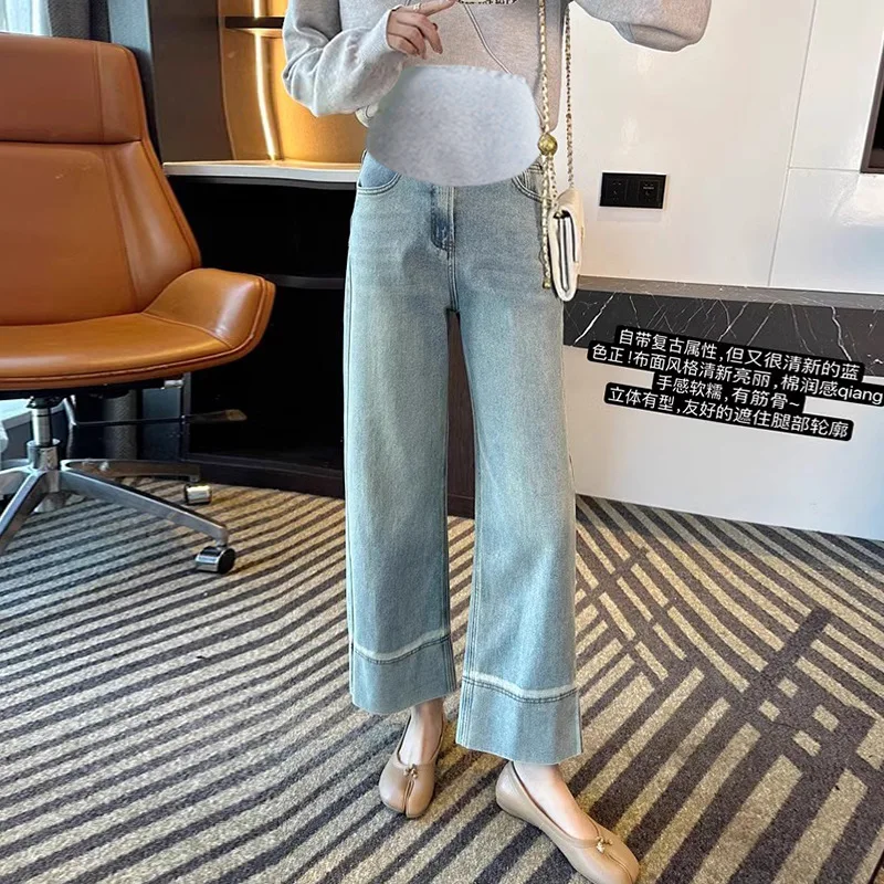 Plus Size Maternity Wide Leg Jeans for Spring, Stretch Straight Cut 9/10 Length Pants, Casual Pregnancy Denim Trousers 4