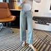 Plus Size Maternity Wide Leg Jeans for Spring, Stretch Straight Cut 9/10 Length Pants, Casual Pregnancy Denim Trousers 4