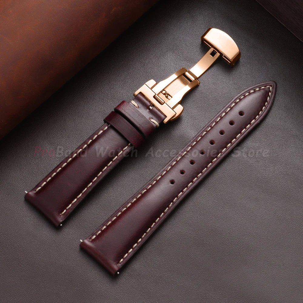 Vintage Brown Oil Wax Leather Watch Strap with Butterfly Buckle - Men's Accessory