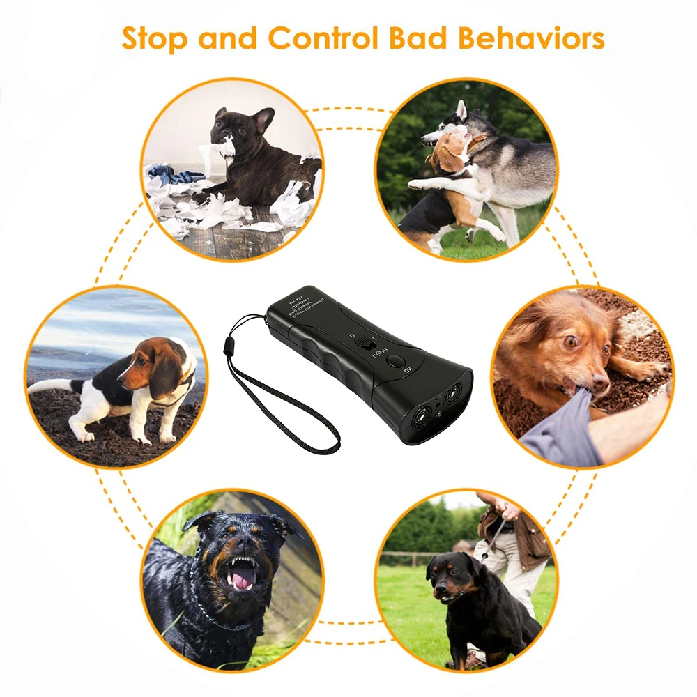 Pet Dog Repeller Anti Dog Barking Device with LED Flashlight Dual Sensor Ultrasonic Bark Control Device 3 Modes for Small Dogs