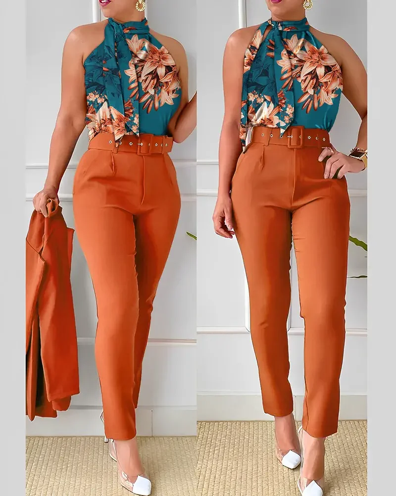 

Spring and Summer 2023 Floral Print Women's Pants Suit New Sleeveless Halter Vest Belt High Waist Pants Suit Streetwear