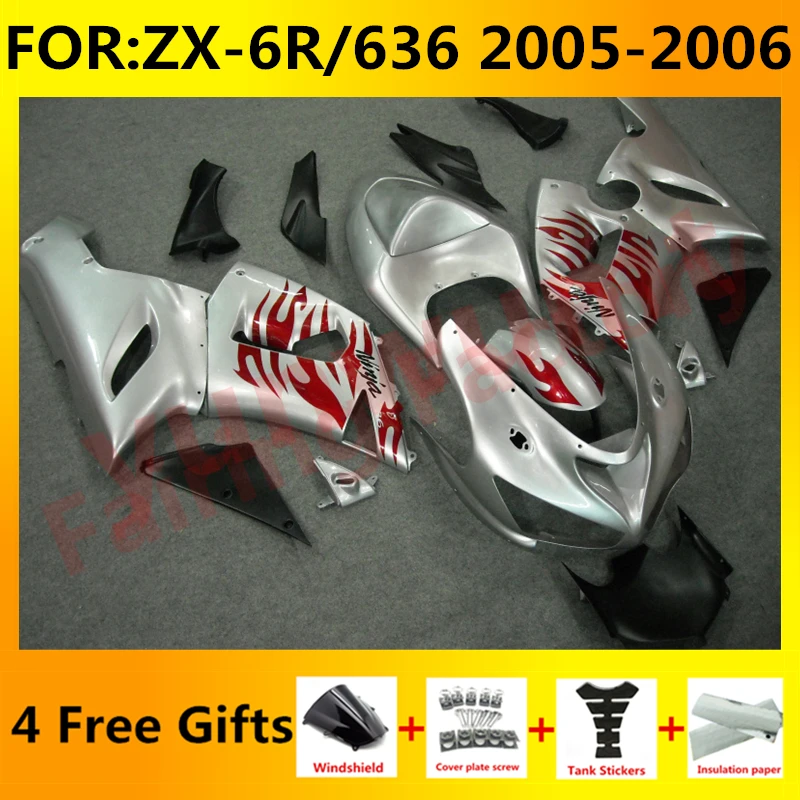 

Комплект обтекателей для мотоцикла, подходит для Ninja ZX-6R 2005 2006 ZX6R zx 6r 636 05 06, полный комплект обтекателей для кузова с серебряным пламенем