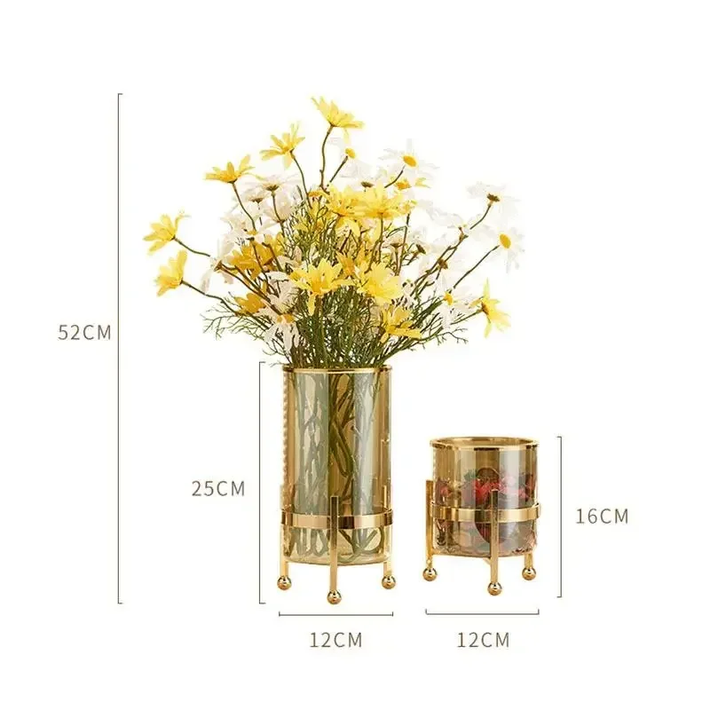 

Rack Golden Home Hydroponics Flower Retro Handicraft Metal Arrangement Glass Decoration Vase Clear