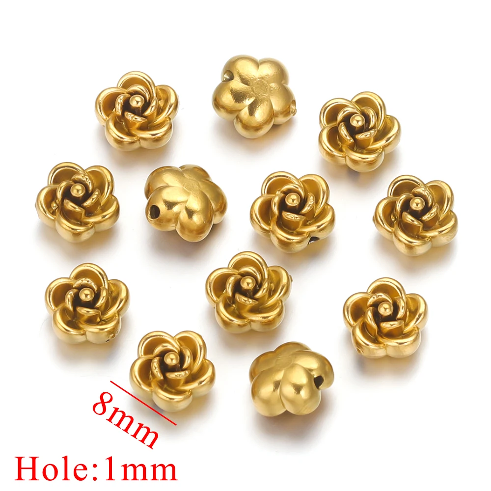 Set of 10 Gold-Plated Stainless Steel Rose Beads