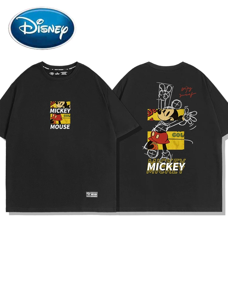 

Disney Harajuku Front Back Mickey Mouse Letter Cartoon Print T-Shirt Fashion Women Unisex Couples O-Neck Tee Tops 15 Candy Color