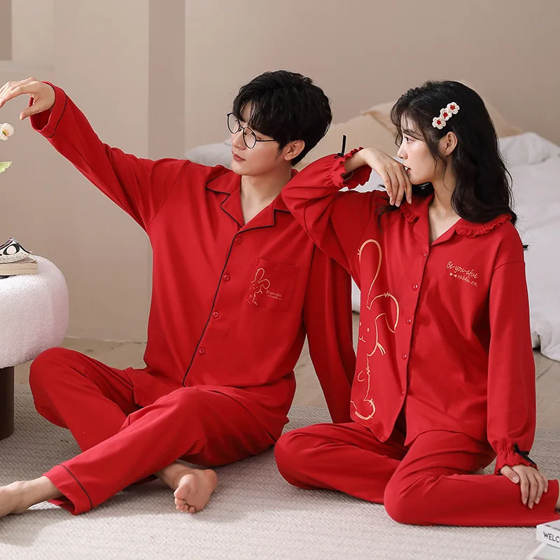 Red Sleepwear For Couples Autumn Cotton Nighwear Women and Men Matching Pajamas Set Korean Cardigan Homewear Mujer Pjs Hombre