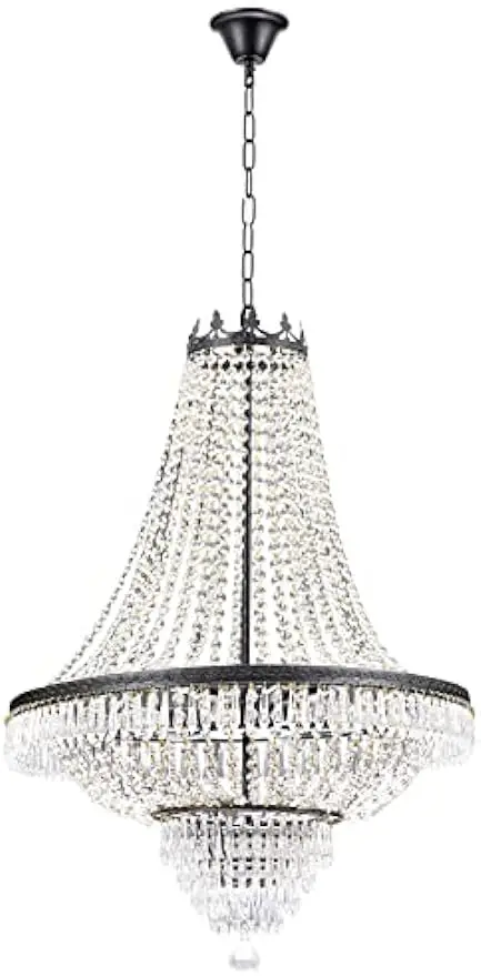 

9-Light Empire Metal Crystal Chandelier, Pendant Light Fixture E12 for Living Room Bedroom Entryway Black 110V H 30" xW 24"