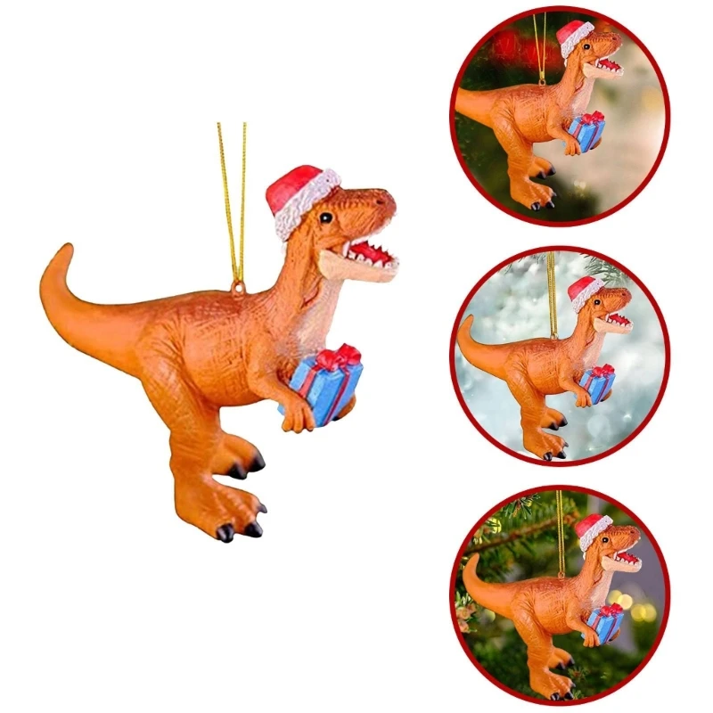 8cm Mini Holiday Ornaments Christmas Tree Decorations Dinosaur in Christmas Hat Figurine Hanging Pendant Gift for Kids