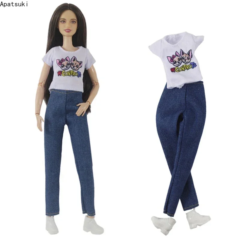Kitty Cat White Clothes Set Per Barbie Doll Outfits Fashion Cartoon Alphabet T-Shirt Scarpe In Denim 1/6 Accessori Per Casa Delle Bambole Giocattoli