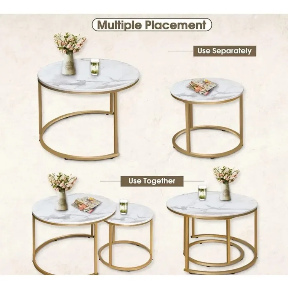 Coffee Table Nesting White Set of 2 Side Set Golden Frame Circular Round and Marble Pattern Wooden Tables 4
