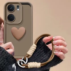 Love Heart Hand Strap Full Package Protective Case, Global Edition for Xiaomi Poco C85 (Brown)