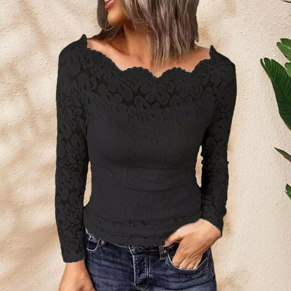 

Women Solid Color Top Chic Off-shoulder Lace Blouses Elegant Women's Streetwear for Slim Fit Style Embroidery Lace Shirt Tops