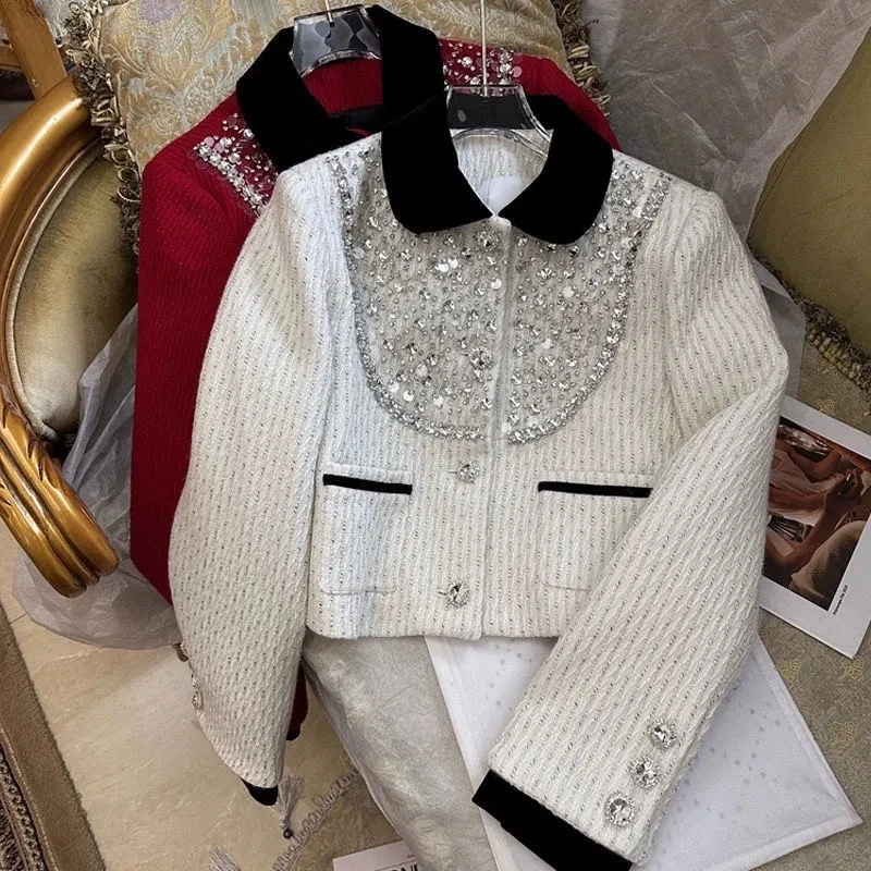 

Rhinestone Decoration Tweed Jacket for Women Female Sequin Coat Exquisite Elegant Trendy Commuter Crop Outerwear Spring Autumn