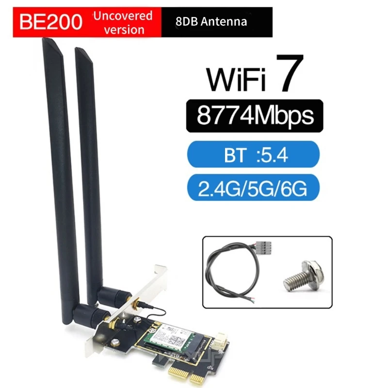 BE200 WIFI7 WLAN Card WiFi 5/6G Bluetoothcompatible5.4 PCIe WLAN Card WiFi Card TriBand 6G/5G/2.4G with 2 Antennas Drop Shipping