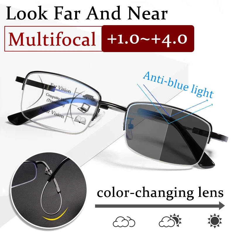 4 in 1 Photochromeic Multifocal Reading Glasses Color changing Lenses