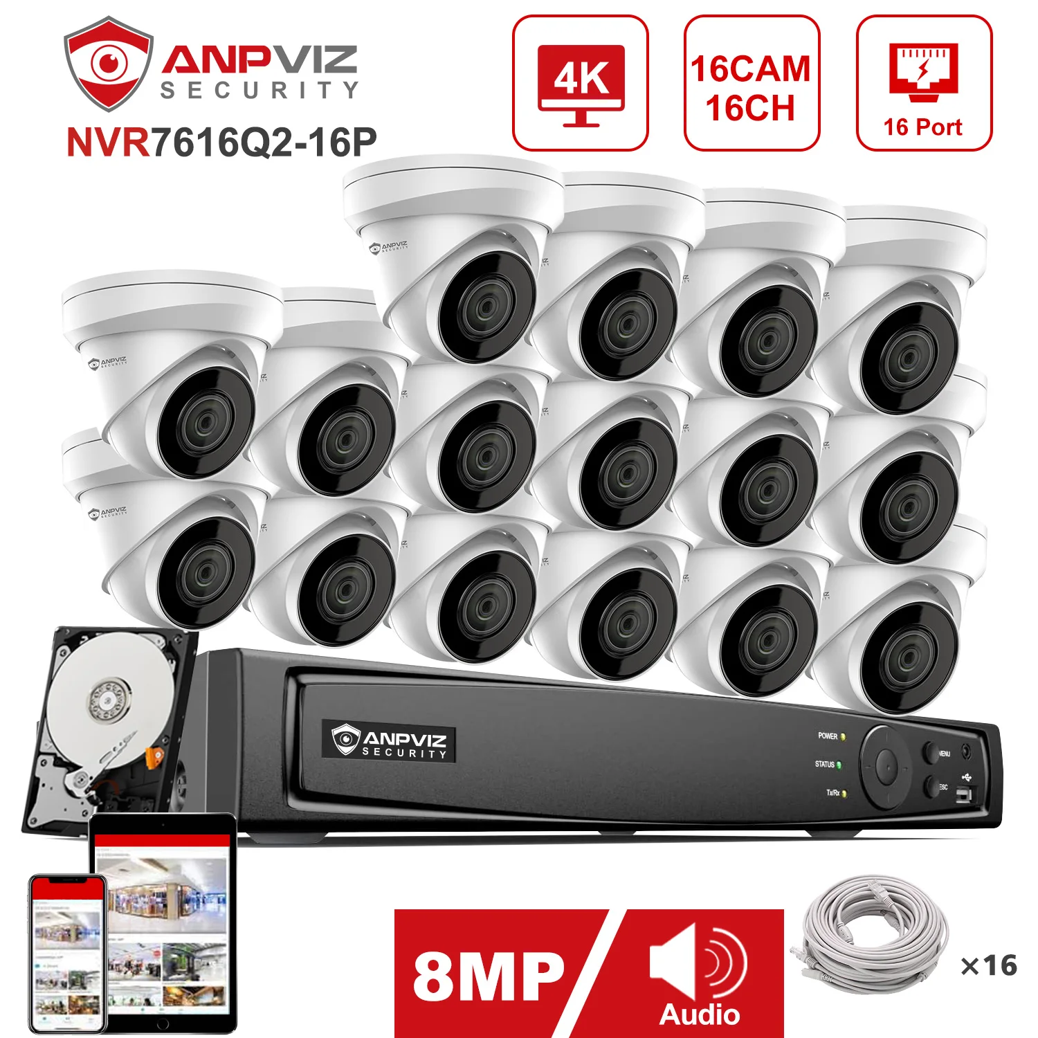 Anpviz 16CH NVR 4K 8MP POE IP Camera Plug&Play Customized System CCTV Indoor/Outdoor Security Surveillance Kit  H.265+ IR 30m