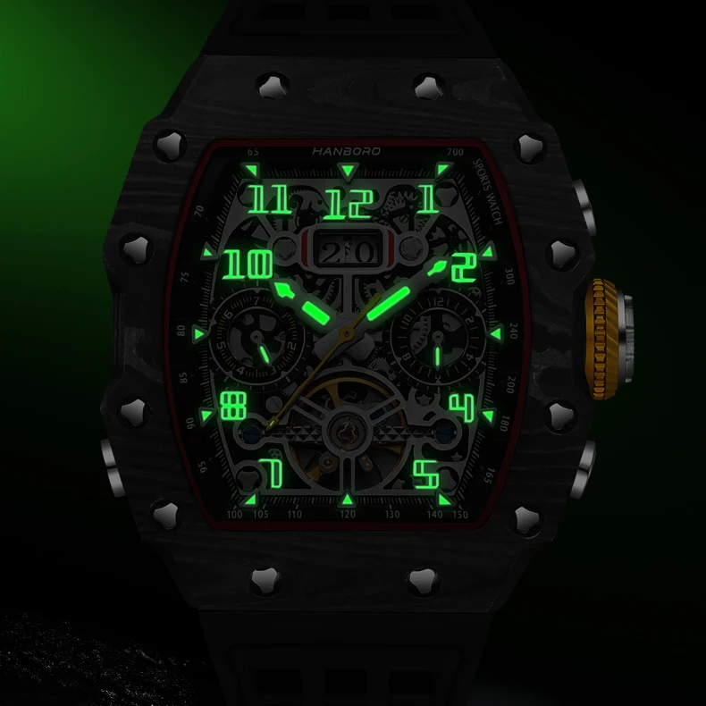 HANBORO Men Automatic Watch Luxury Mechanical Wristwatch Luminous Tonneau Waterproof Carbon Fiber Multifunction Dial Month Week