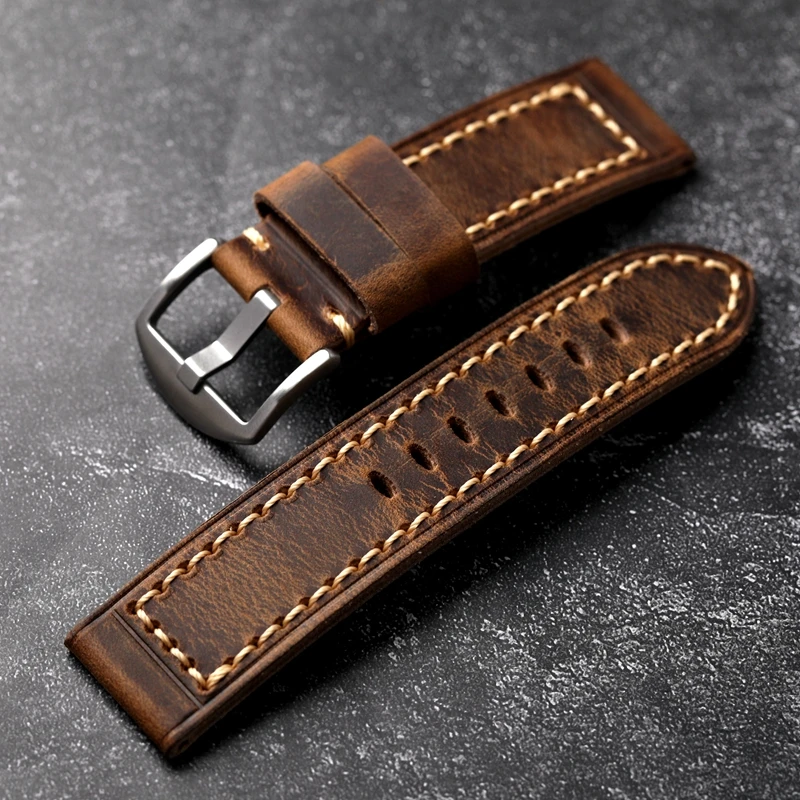 Bracelet de montre en cuir huileux vintage pour homme, première couche de cuir de vachette, bronze adaptable, bracelet épaissi, 20mm, 21mm, 22mm, 23mm, 24mm