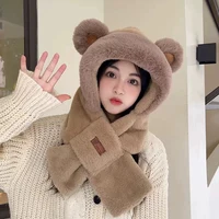Cute Little Bear Scarf Hat Warm One Piece Hat Female Winter Student Lamb Hair Korean Version Hooded Mask Plush Hat 1