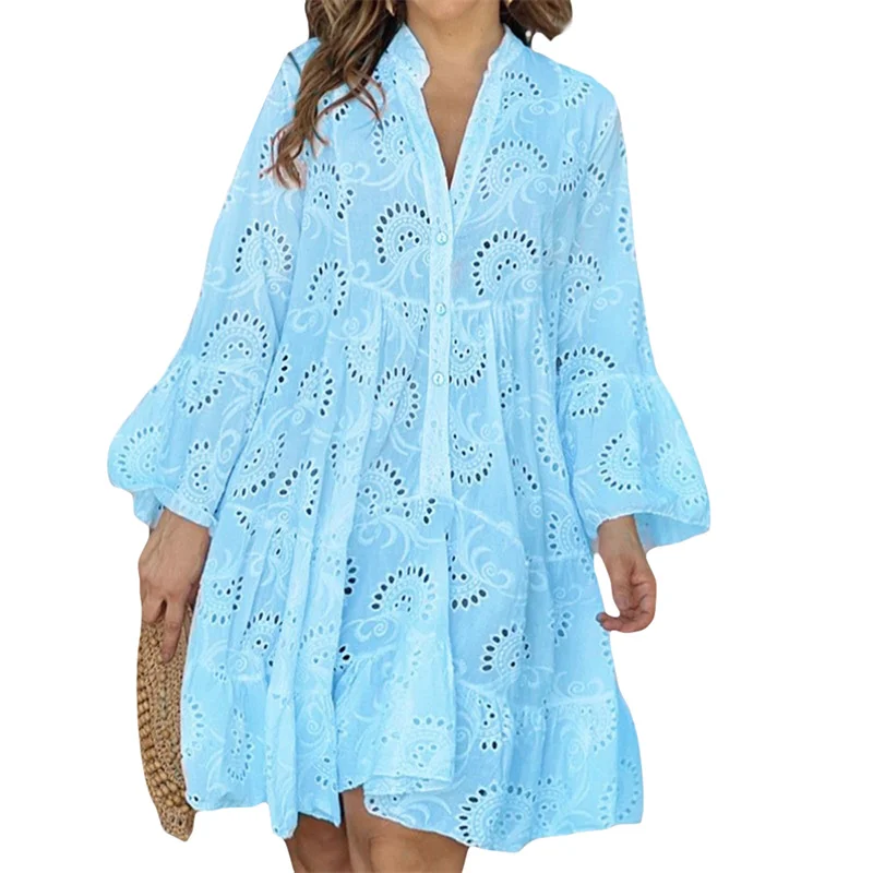 Beach Dress Women Embroidery Lace Eyelet Hollow Out 3/4 Sleeve Single Breasted Mini Dress y2k Vacation Dresses