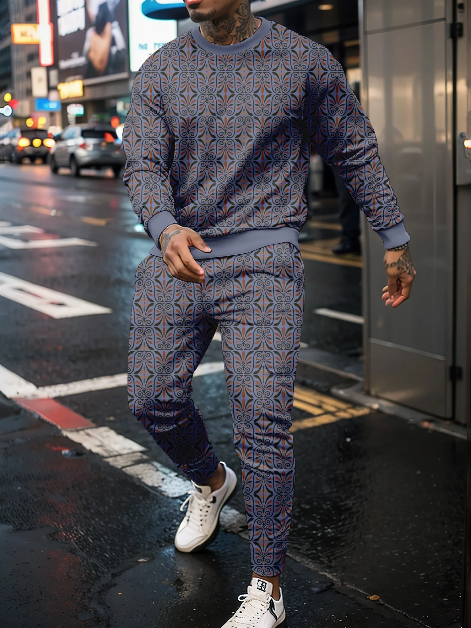 Retro Men's Round Neck Sports Set 3D Pattern Personalized Pullover Long Pants Sports Jogging Youth Fashion Set 3