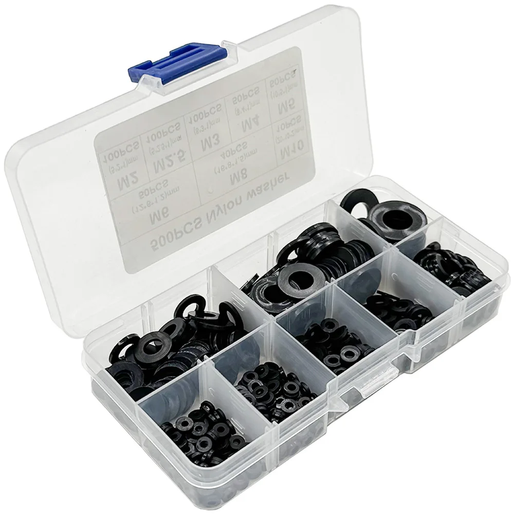 500PCS Nylon Washer Flat Assortment Kit 8-size Safety Plates M2 M2.5 M3 M4 M5 M6 M8 M10 Nylon Sealing Washers