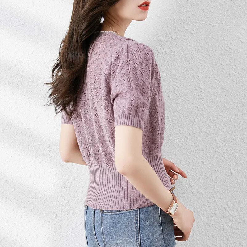 Fashion V-Neck Solid Color Beading Casual Blouse Women's Clothing 2024 Summer New Loose Commute Pullovers Chic Shirt
