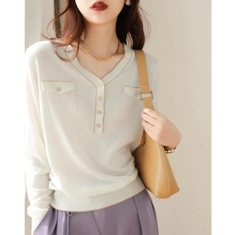 

Temperament Colored V-Neck Cashmere Sweater for Women's Autumn and Winter Thin Loose Wool Knitwear Slim Pullover Sweater