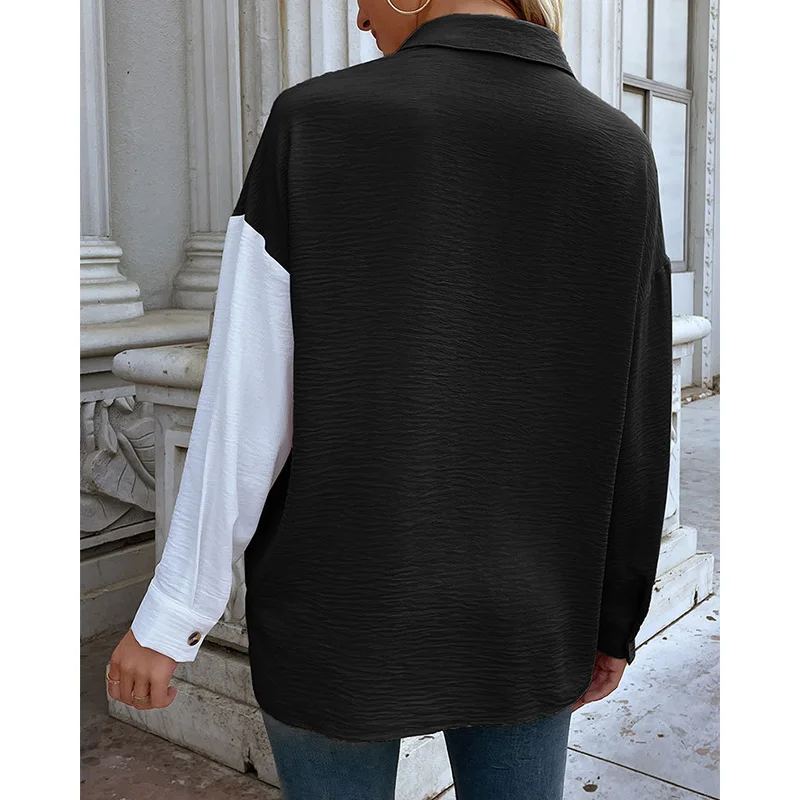2023 Autumn New Cardigan Shirt Design Sensitive Polo Collar Color Matching Long Sleeves Splicing Pockets Single Breasted Blouse