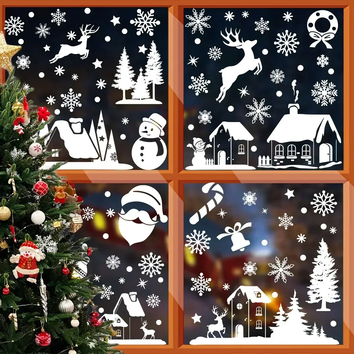 Christmas Static Clings Glass Films Elk White Snowflake Window Sticker Xmas Decorative Films Merry Christmas Decor For Home