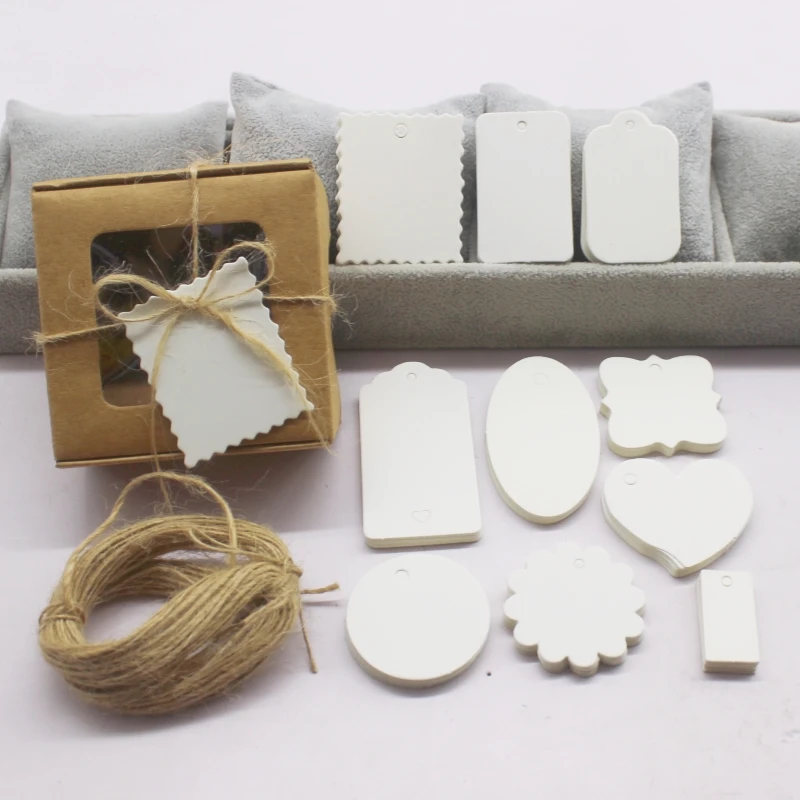 50 tag + 10m string white/black/kraft paper multiple shapes blank small tags for gift packaging, party favors, diy craft accessories, and labeling, customizable tags for weddings, holidays, and events